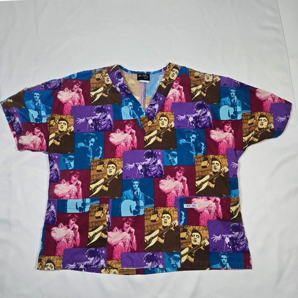 Vintage Elvis Presley Cherokee Scrub Top Womens L 2004 Pop Art Music Kitsch Y2K